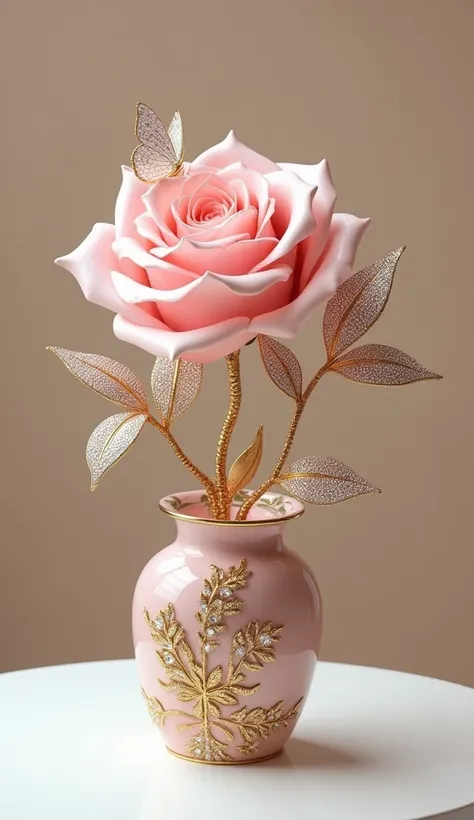 A stunning pale pink and pink rose, encrusted with sparkling diamonds along its golden stem, is the centerpiece of an opulent floral arrangement. The stem gracefully winds and twists, resembling a leaf full of diamonds, symbolizing wealth and refinement. A...