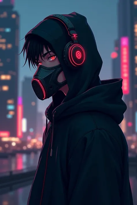 anime style image of a guy in a black hood, gas mask and gamer headphones 