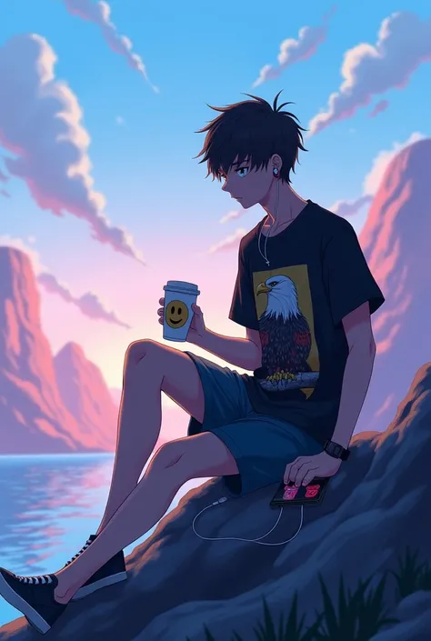 An anime boy alone and in one hand a cup  printed emoji and  second hand phone and wired headphones, boys tshirt colour is black with 🦅 print and Background sea with clouds colour sky blue and purple pink mix and boy seat on mountain 