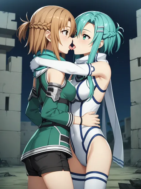 2 girls leasbians, BREAK ,sinonggo, aqua eyes, short hair, aqua hair, sidelocks, hair between eyes, hairclip, hair ornament, green jacket, leotard, scarf, black shorts, gloves, long sleeves, medium breasts, BREAK , yuuki asuna, brown eyes, brown hair, long...