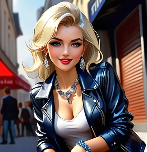 sexy french model, beautiful smile, lip gloss, Dramatic make-up, close-up photo, (big sparkling necklace), (shiny big bracelets), daytime scene, There is a large one in the background ,improve, (((platinum blonde, stylish hairstyle))), ((Business style in ...