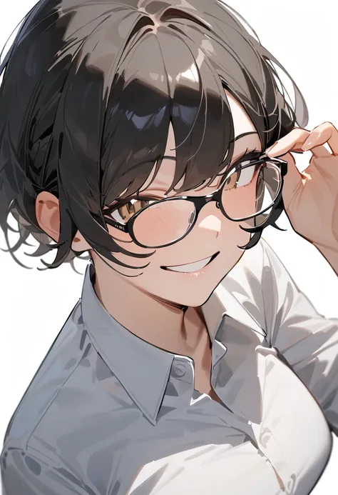 masterpiece, best quality, very aesthetic, absurdres,
1girl, solo, black hair, short hair,
sirmont16a, glasses, 
collared shirt,...