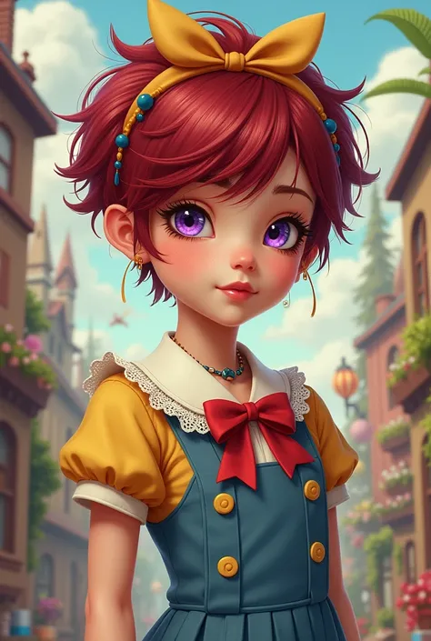 girl pixie hairstyle,classic yellow and blue lolita,dark red hair,purple eyes,her personality are silly,bossy,talkative,crazy and dumb.