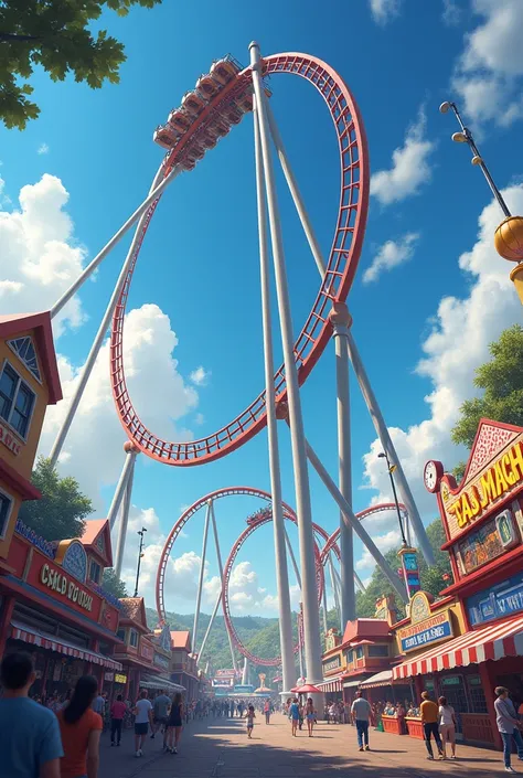 A roller coaster in the background, an amusement park at the bottom on the left side 