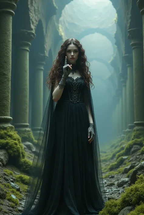 Beautiful Gothic Girl, curly hair, pale skin, beautiful. Making the silence sign with the finger. Long transparent dress with an embroidered cloak, Lace gloves. Lace choker. long brown hair. photoretracted. Winter mists. Large cavern with ruins of an intra...