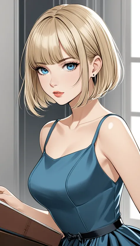 Author: Megan Hess, 1 blonde girl, very short wheat-colored hair, bob haircut, gray-blue eyes, bangs on the side, black-blue dress.