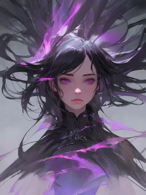 a magical girl, long black hair, purple eyes, wearing predominantly black and purple clothes, depressive magical world, dark fantasy world, world of loneliness and sorrow, (best quality,4k,8k,highres,masterpiece:1.2),ultra-detailed,(realistic,photorealisti...