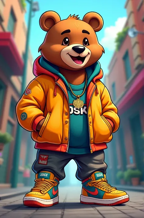 Cartoon rapper bear wearing osk jacket and hig jog sneakers
