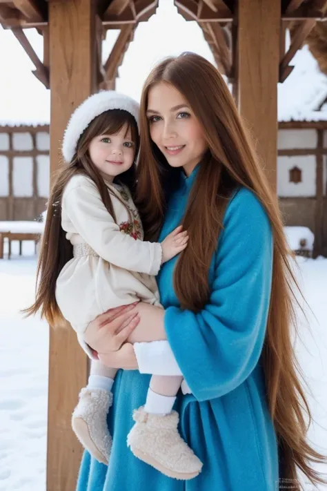 A gorgeous, pretty, shiny, kind-hearted, warm-hearted, sweet, polite, sensitive, friendly, charming, graceful, stylish, classy, alluring, majestic, ethereal, angelical ginger long haired russian woman dressed in traditional folk winter costumes. Shes with ...