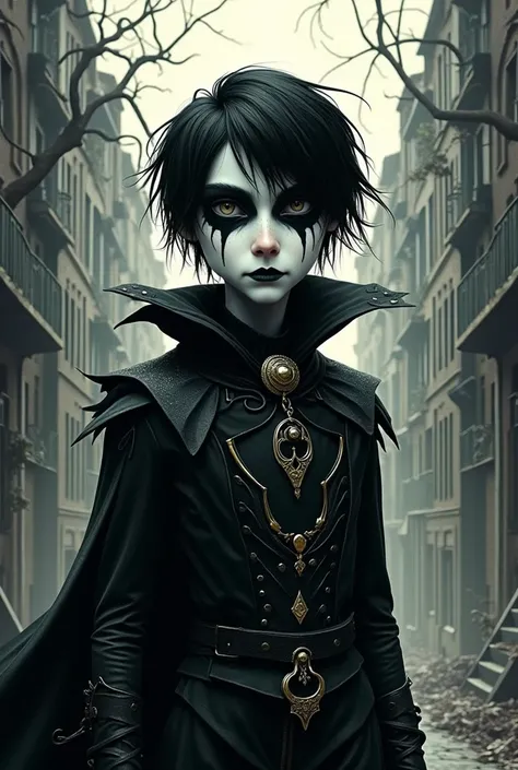 Create the character in human (Erick)  from the crow but drawn like Tim Burton cartoons 