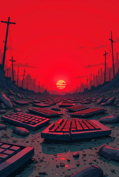 Anime style image of a battlefield with a completely red sky and only destroyed keyboards on the ground. 