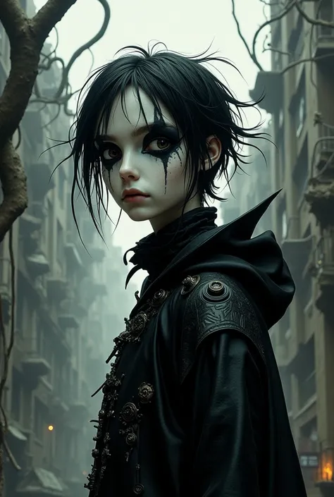 Create the character in human (Erick)  from the crow but drawn like Tim Burton cartoons 