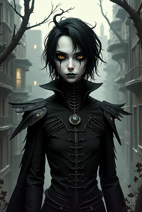 Create the character in human (Erick)  from the crow but drawn like Tim Burton cartoons 