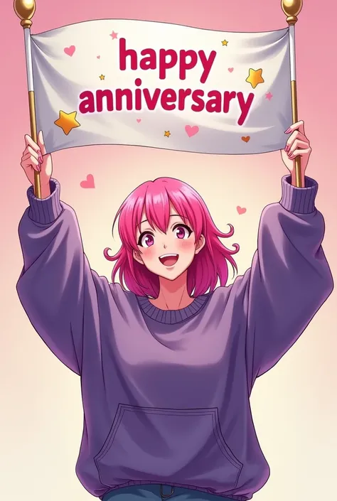 anime of a woman wearing a purple cargo sweater with amazing pink gradient carrying a banner that says "Tiara Zona Happy Anniversary"