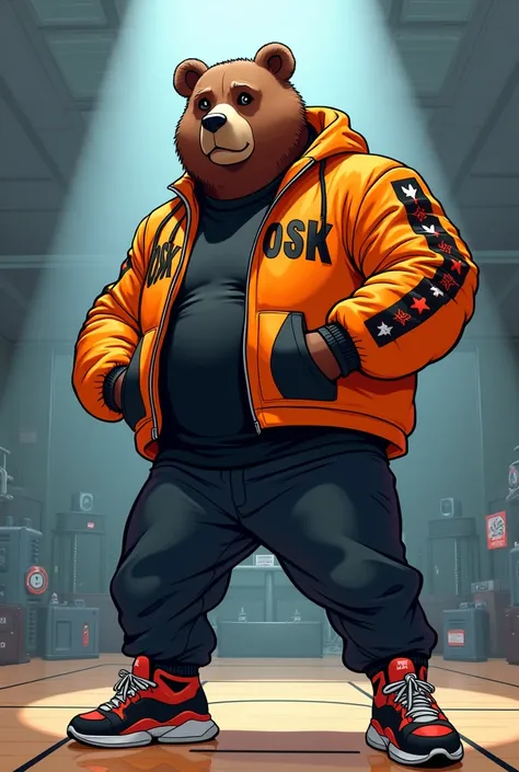 Strong cartoon rapper bear in gym with osk jacket and hid jog sneakers
