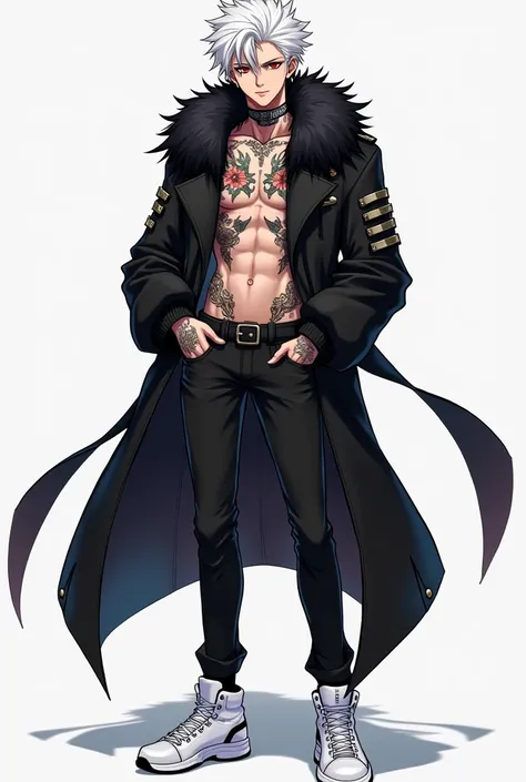 hot teen, anime, male, white hair, red eyes, black fur coat, black jeans, white sneakers, tattoos