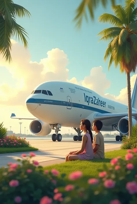 "A beautiful view of an airport, resembling paradise, with a large airplane parked. Next to the airplane, a beautiful girl and boy are sitting, and clearly written on the airplane is Iqra Zaheer."