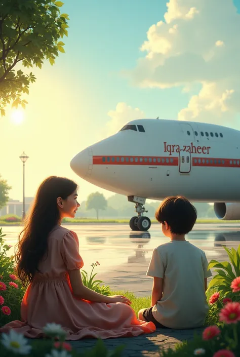 "A beautiful view of an airport, resembling paradise, with a large airplane parked. Next to the airplane, a beautiful girl and boy are sitting, and clearly written on the airplane is Iqra Zaheer."