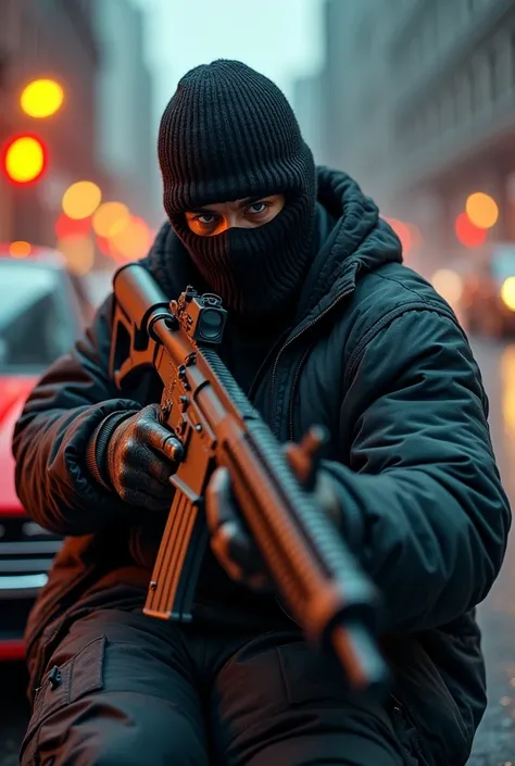 gangstar in ski mask with machine guns in super car