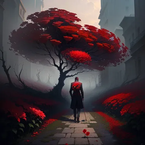 painting of a man walking down a path with a large red flower, epic surrealism 8k oil painting, surreal dark art, dark surreal art, beksisnski, inspired by Cyril Rolando, emotional surrealist art, dan mumford tom bagshaw, surreal art, zdzislaw beksisnski, ...