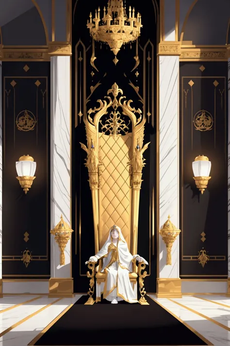 Create an empty throne in a shining hall, throne made of extremely white marble, the hall shines in a play of golden colors, the style of the throne with the high back with engravings similar to technological rails.   