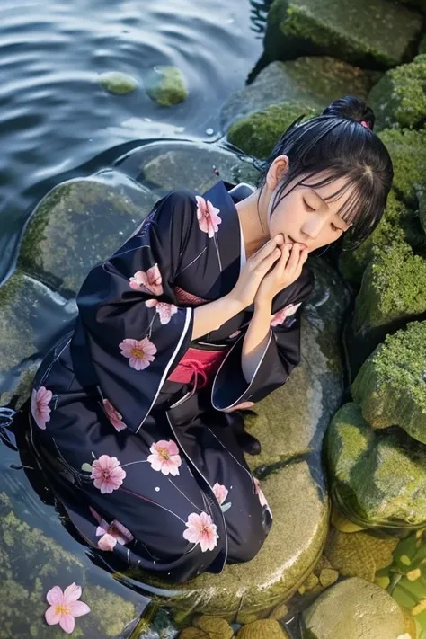 1 person、Real、Hakama、Japanese、kimono、Women、Long-sleeved kimono、long hakama、Clothes that stick to the skin、wet textured clothes、wet clothes 、floral kimono、soaking wet、in the water、underwater in the river、The whole body is immersed、wet clothes color、lie down