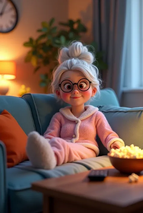 Cozy atmosphere on the blue sofa in the living room,50 year old lady,brown eyes,wearing round glasses,middleweight, laughing,white hair tied in a messy, curly bun, pink and white fur pajamas, no visible accessories, resting pose, sitting with your legs up ...