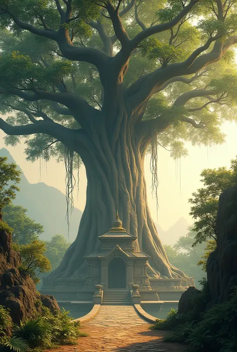 A wind is blowing a banyan tree is infront of a small temple