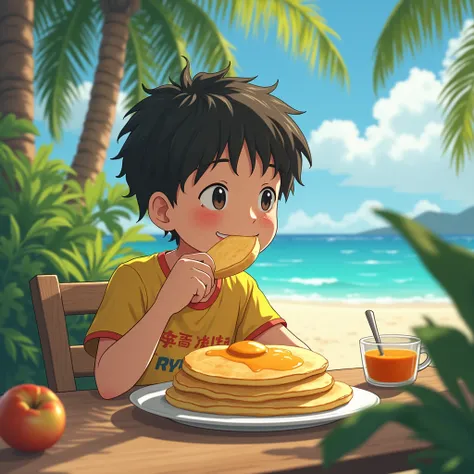 Makoto Shinkai style,Boy eating pancakes,Hawaii High Resolution, masterpiece, Winner of numerous awards, Ultra high definition, High detail, 