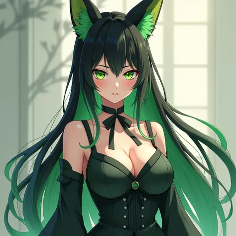 Long Hair, accurate, Black Hair, Green Hair,Fox Ears, Illustration, Anime Style, Large Breasts, Nipples,High resolution, 