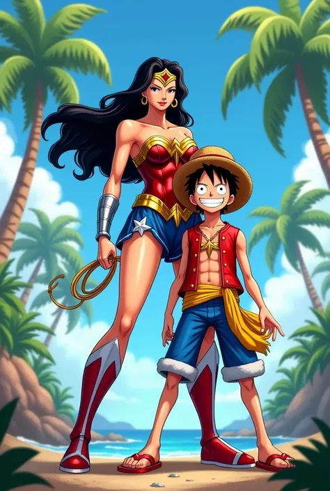  Wonder Woman from DC Comics posing with Monkey D. Luffy from One Piece while smiling
