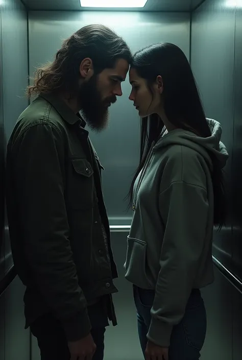 Man with long beard and long hairs standing beside a woman with long black hairs wearing jeans and hoodie in a lift
