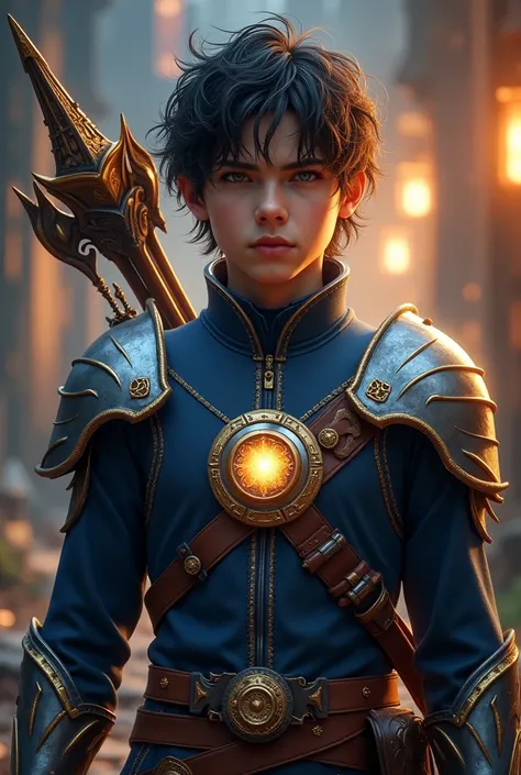 a young man with dark tousled hair and intense brown eyes, wearing a deep blue and silver archery uniform adorned with glowing runes and a vest with enchanted compartments, fingerless gloves with protective spells, (best quality,4k,8k,highres,masterpiece:1...