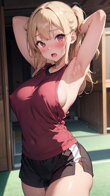 (shoot upper body:1.3),
(1girls:1.3),
(large breasts:1.3),(blush:1.2),shy,(ecstasy face),(trembling:1.2),(open mouth),(looking at viewer),(light blonde hair),
break,
standing,(body in front:1.2),((arms behind back:1.4)),
break,
(aerobics wear:1.2,bare brea...