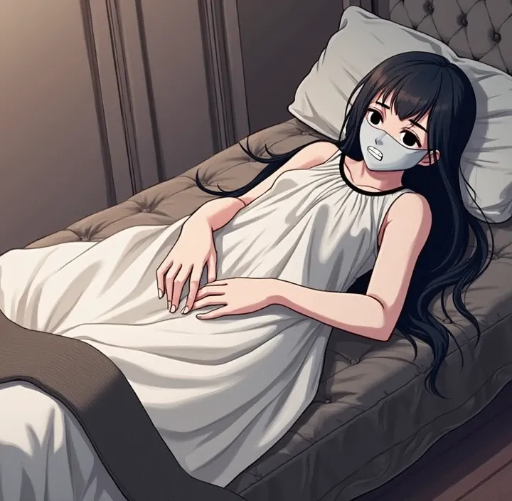 chest, Black hair, High resolution, 1 girl, drunk, shy, 
Face mask, Long hair, Black eyes, hit, Rape, On the bed, 