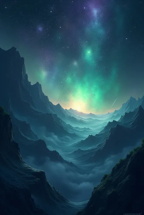 A magical outer space with the colors blue black white green purple and all magical dark colors with stars shooting stars and with no characters in the image only space outer univerese no mountains or rivers and night sky
