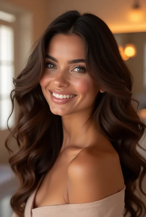 A Brazilian woman showing off her medium wavy brown hair in a beauty salon 