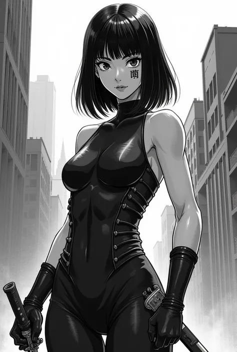 Black and white manga style A 22 immortal woman with the body of a 2 and muscular girl, reflecting strength and control. His skin is pale, contrasting with her straight black hair that falls just above her shoulders. A straight fringe covers part of her fo...