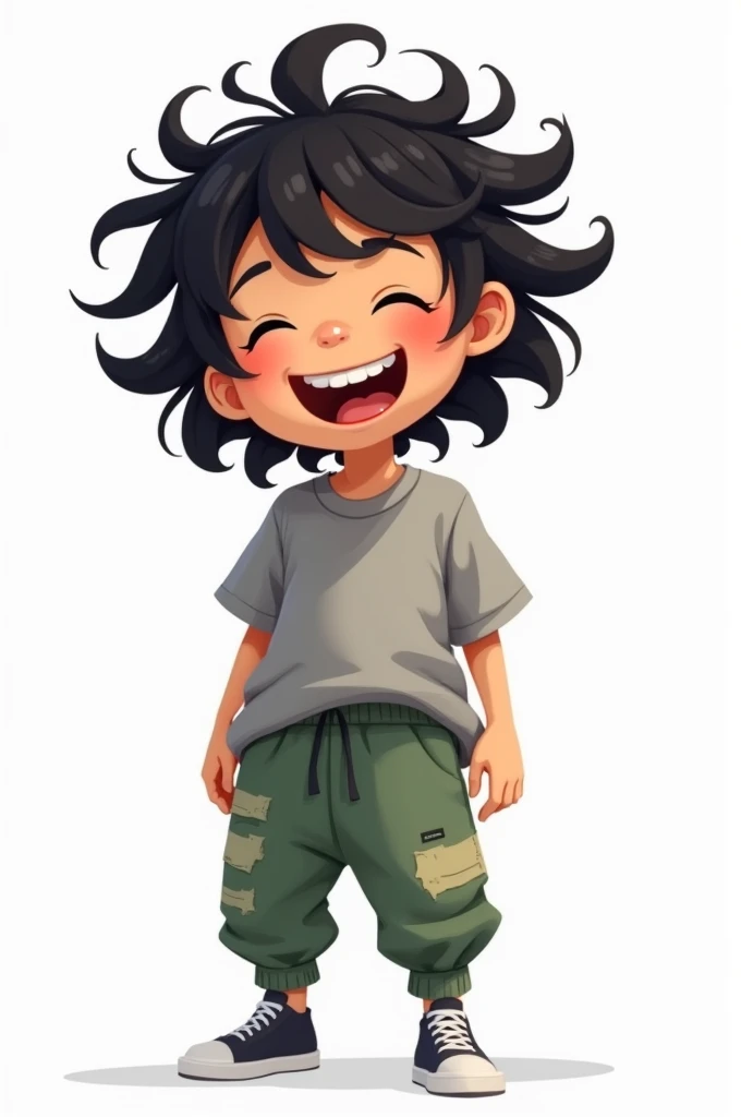 Create a cute, cartoon-style character of a young girl with messy, wild black hair that stands out in all directions. She is wearing oversized, comfortable gray t-shirt and loose-fitting green jogger pants with worn patches, giving her a carefree and playf...