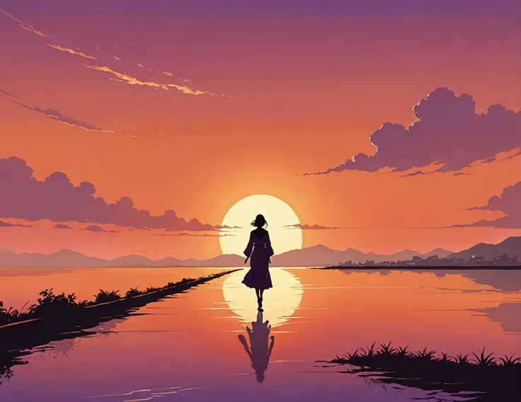 「With the sunset sky in the background、A woman walks alone」
prompt: 「With the sunset sky in the background、Silhouette of a woman walking alone。The sky is a beautiful gradation of orange and purple.、The figure of the woman evokes feelings of loneliness and ...