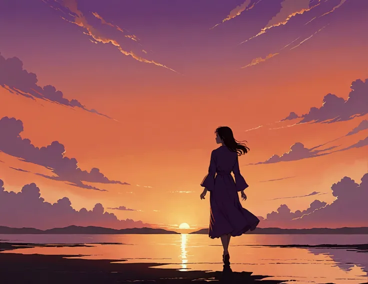 「With the sunset sky in the background、A woman walks alone」
prompt: 「With the sunset sky in the background、Silhouette of a woman walking alone。The sky is a beautiful gradation of orange and purple.、The figure of the woman evokes feelings of loneliness and ...