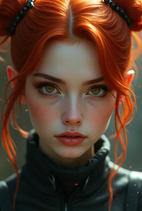 Redhead woman, double ponytail hair, with incredible eyes.