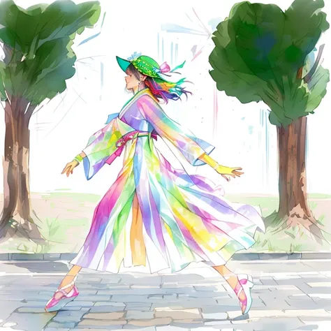 A woman walking briskly through the city streets、Lightly、Skip、Clear and shiny background、araffe dressed in a colorful dress and hat walking down the street, colorful sketch, colorful fashion, colorful illustration, watercolor style, colorful dress, wearing...