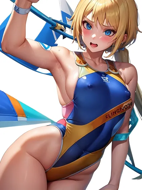  (White background, 1girl:1.4), BREAK,Long blonde hair, blue eyes,Narrow waist,voluptuous Breasts,(one-piece competitive swimwear,one-piece competition swimsuit:1.6), blush,Open your mouth,(covered nipples:1.2)