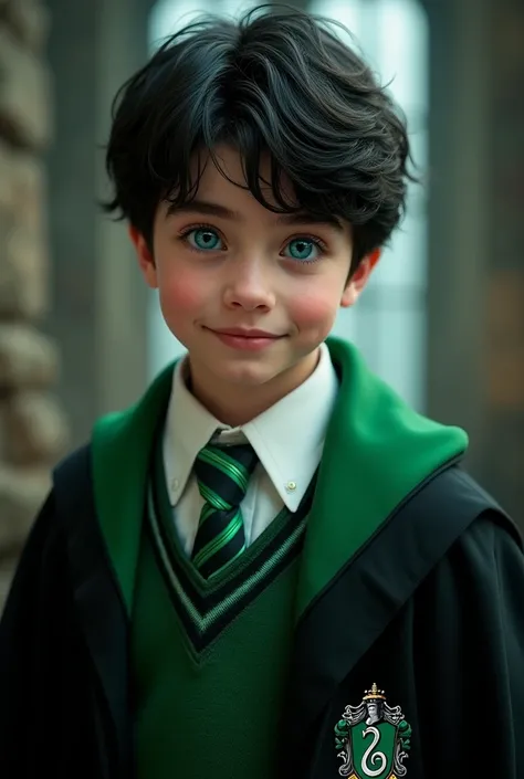 Handsome 1 boy, Black hair, blue right eye, left eye green, smiling, uniforme de Slytherin, real 