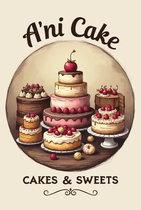 A logo for a bakery with the name A&#39;ni cake cakes and sweets in a circular shape with a sad background and that has images of cakes and sweets 
