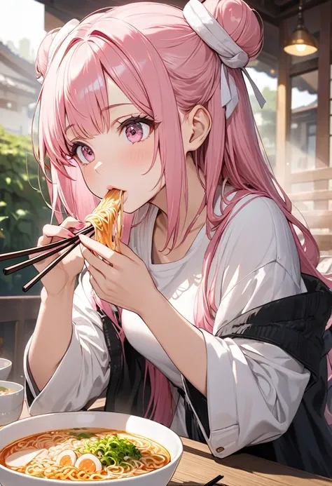 (Best Quality),A woman slurps ramen,Eat with chopsticks,(((White hair ribbon:0.4))), Pink Eyes,(((White bun hair))),(((Pink long hair))),