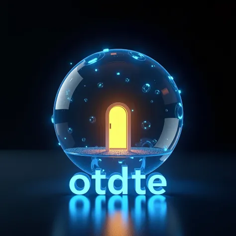 an image of small swirling blue portals are individually attached and angled in the direction of normals of quad planes of a transparent sphere on a black background ; in the center of the sphere is a glowing gold arched door and the 2D motion blurred text...