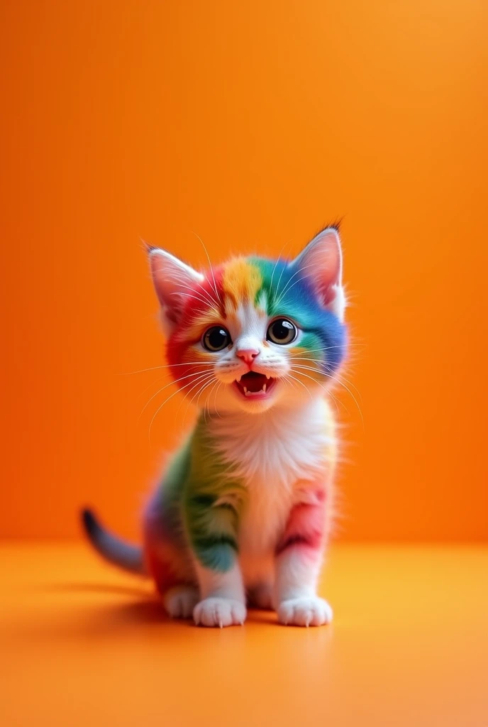 A smallest colorful kitten on a big orange  , detailed texture, photorealistic, 8K, hyperdetailed, intricate, finely detailed, masterpiece, stunning, rambo colors, soft lighting, shallow depth of field, cat portrait, open mouth and Afraid mood