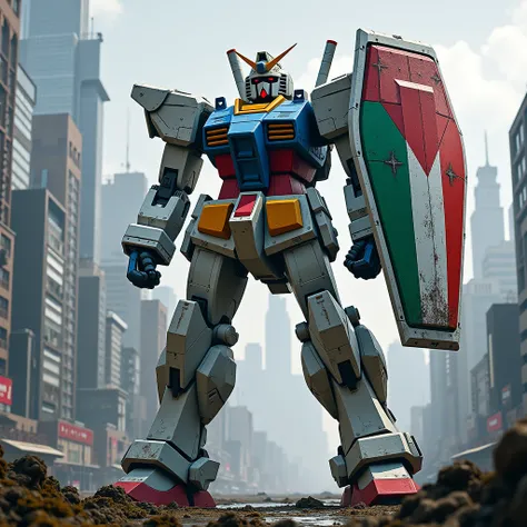 Enormous Gundam with Palestine flag motif Shield in city